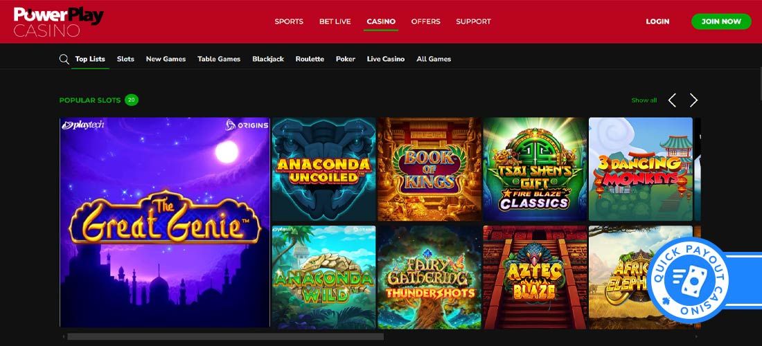 Screenshot of the PowerPlay Casino games page