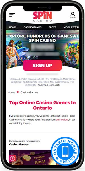 Mobile screenshot of the Spin Casino main page