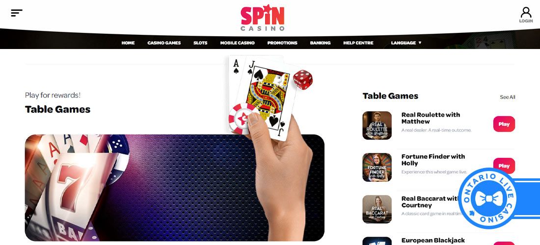Screenshot of the Spin Casino Live Games page