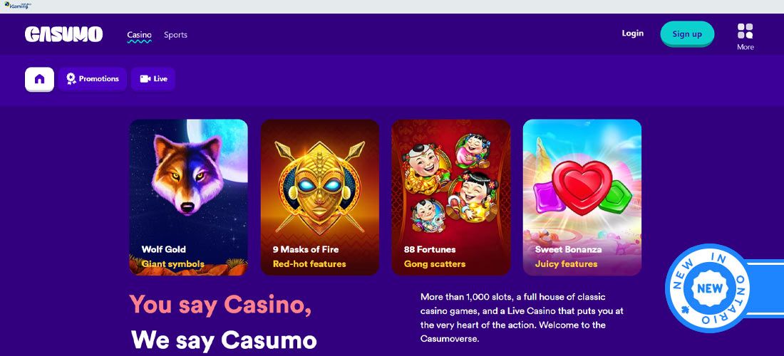 Screenshot of the Casumo Casino main page