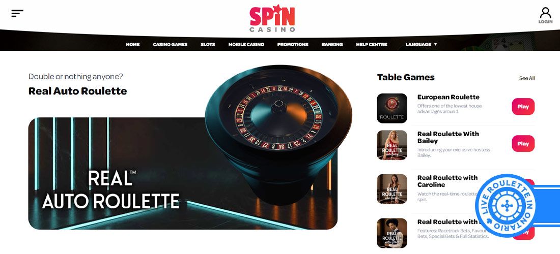 Screenshot of the Spin Casino Live Roulette page