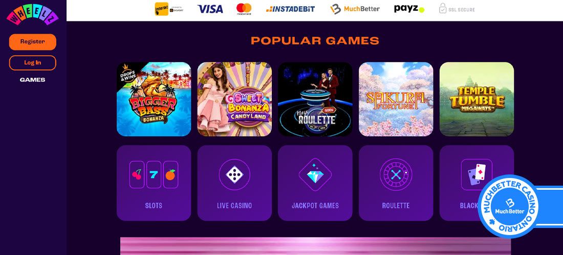 Screenshot of the Wheelz Casino main page