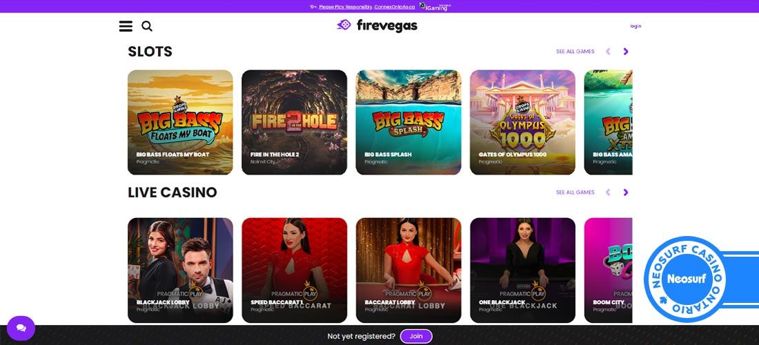 Screenshot of the Fire Vegas Casino main page
