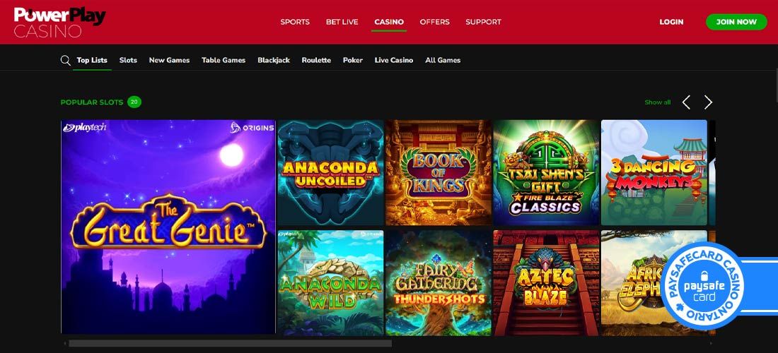 Screenshot of the PowerPlay Casino slots page