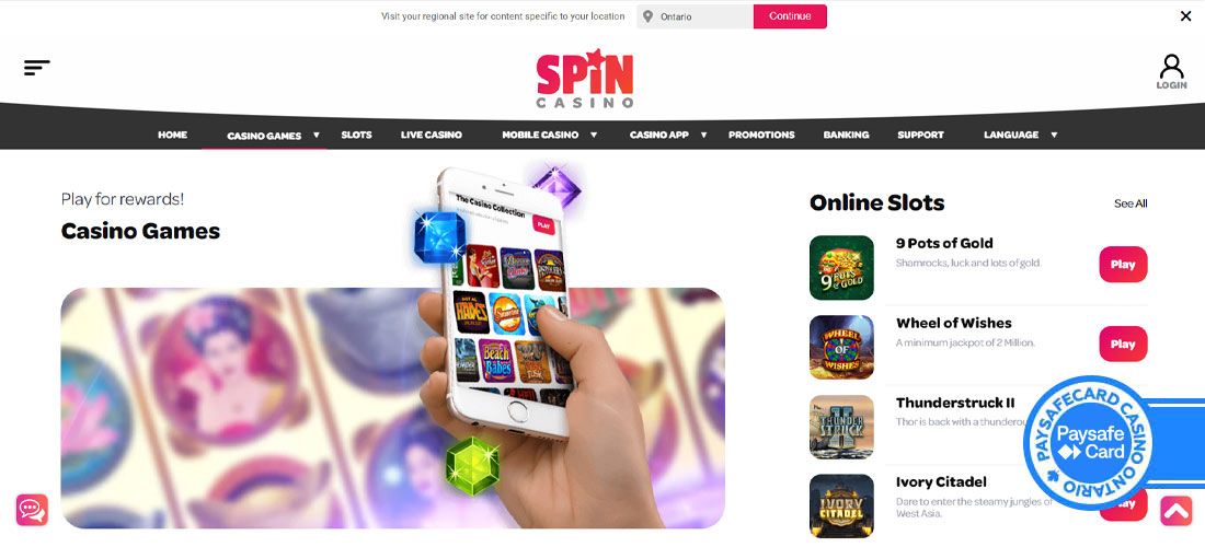 Screenshot of the Spin Casino main page