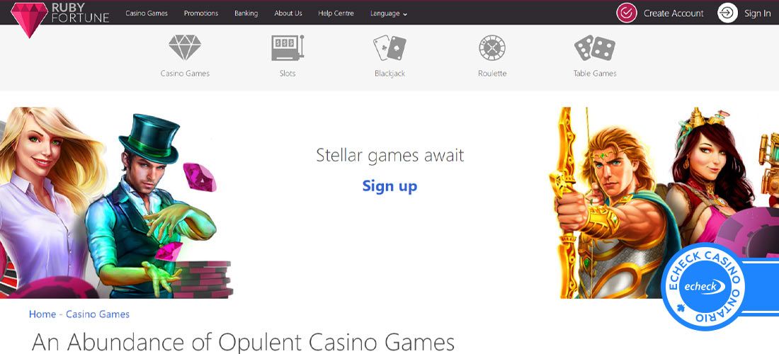 Screenshot of the Ruby Fortune main page