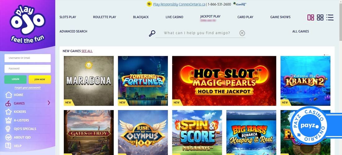 Screenshot of the PlayOjo casino main page