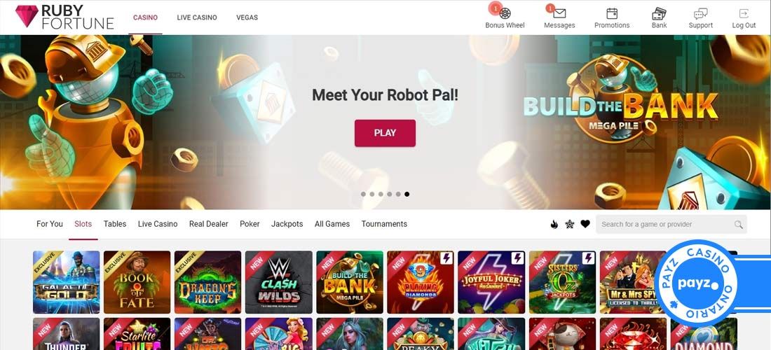 Screenshot of the Ruby Fortune casino main page