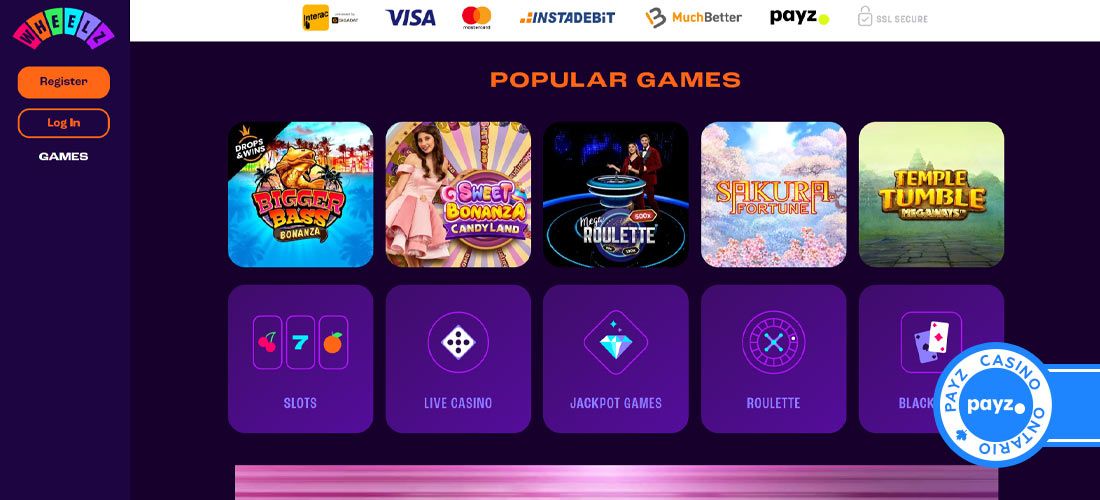 Screenshot of the Wheelz casino payment section